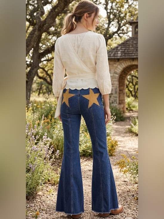 Saints & Hearts Denim - Saints and Hearts Women's Blue Denim Flare Jeans with Tan Star Patches